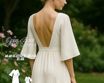Open Back Midi Dress Sewing Pattern: Bell Sleeves (PDF Digital Pattern XS-4XL)