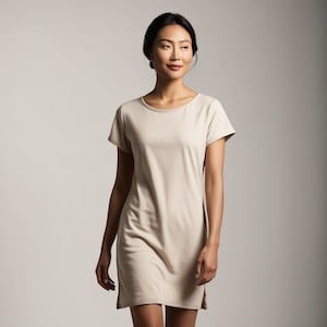 Op de afbeelding: Een beige t-shirtjurk met korte mouwen en een ronde hals.