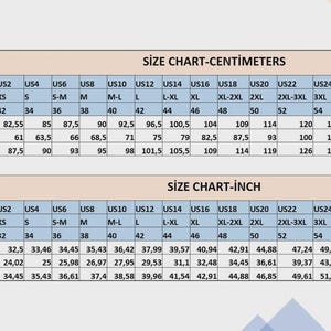 May include: Size chart in centimeters and inches, displaying measurements for bust, waist, and hips. Includes US, international, and European sizes, with measurements in inches and centimeters.
