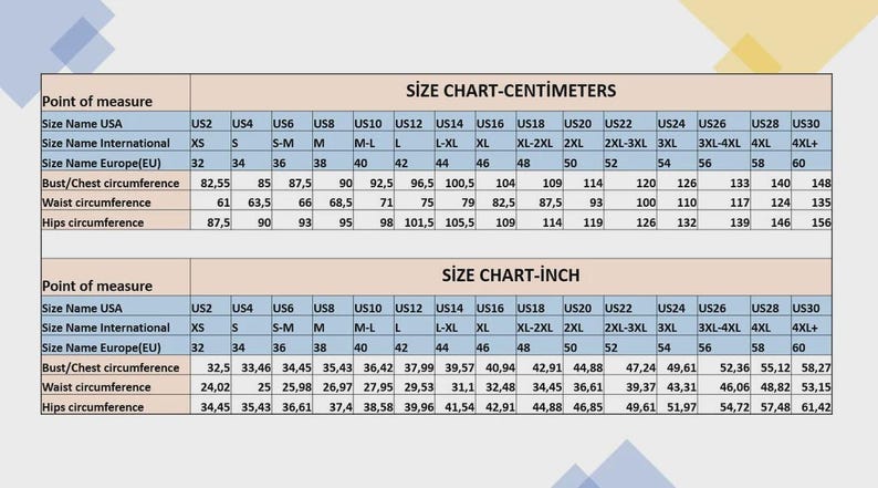 May include: Size chart in centimeters and inches, displaying measurements for bust, waist, and hips. Includes US, international, and European sizes, with measurements in inches and centimeters.