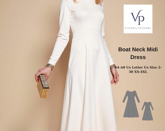 Midi Kleid mit U-Boot-Ausschnitt, Schnittmuster: Easy Circle Dress (XS-4XL) (Digitaler Download)
