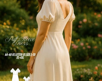Puff Sleeve Midi Dress Sewing Pattern, V Neck Ruffle Hem (PDF, XS-4XL)