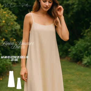 May include: A beige linen summer dress with thin straps. The dress is a simple, flowing design. Text on the image reads "Victoria Pattern" and "Linen Summer Dress". Additional text indicates sizes from US 2-30 and XS-4XL.