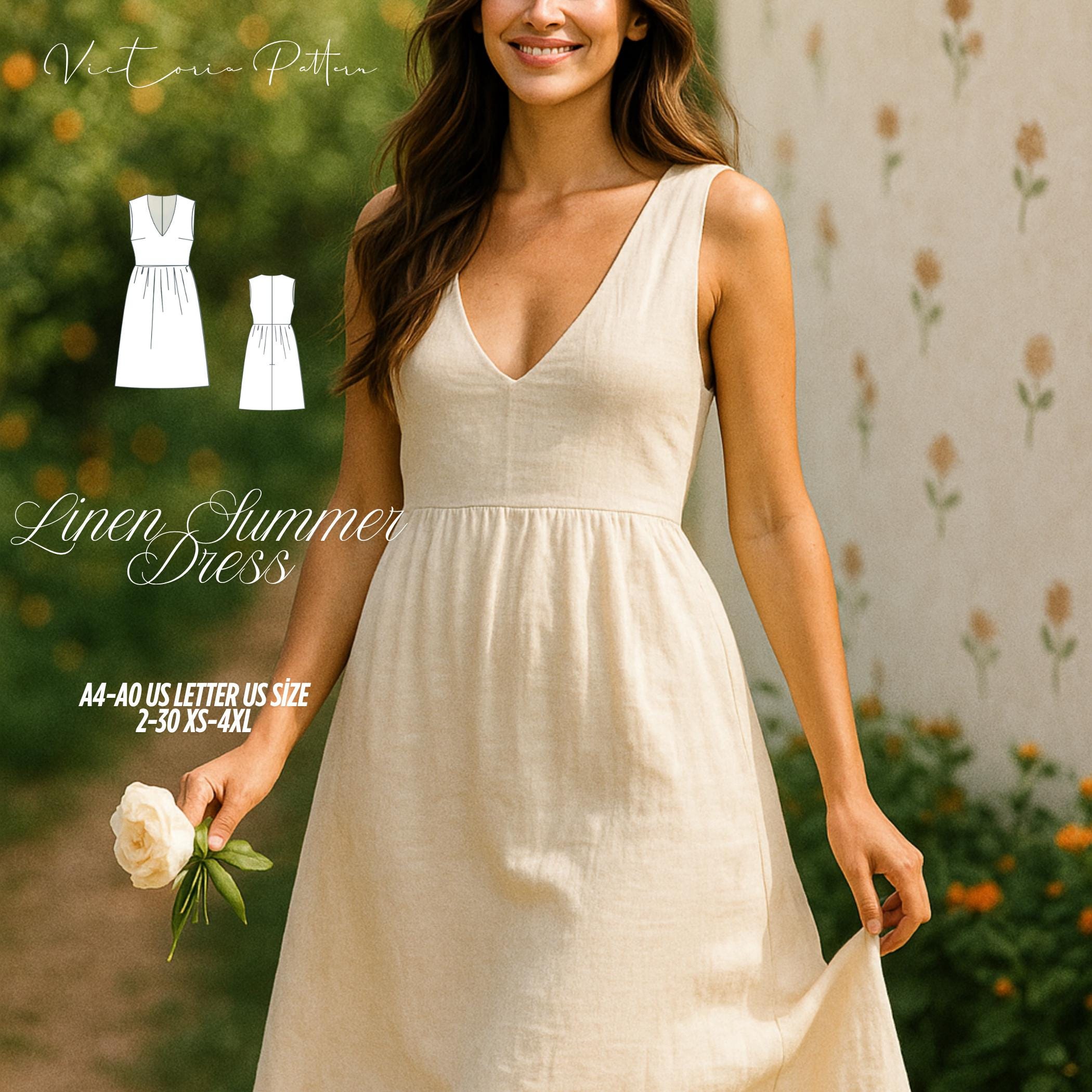Linen Summer Dress: Sleeveless V-neck Midi Sundress (digital Pattern,  XS-4XL) - Etsy