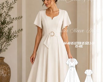 Cartamodello per abito con maniche a volant e cintura, con cuciture a principessa (PDF, taglie dalla XS alla 4XL)