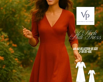 Puede incluir: Un vestido midi con cuello en V de color óxido. El vestido tiene mangas tres cuartos y una falda acampanada. La imagen incluye el texto "V Neck Midi Dress" y "A4-AO US LETTER US SIZE 2-30 XS-4XL" con el logo de Victoria Patterns.