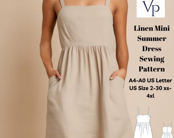 Strap Linen Mini Dress Sewing Pattern: Pocketed Gathered Summer Dress (XS-4XL) (Digital Download)