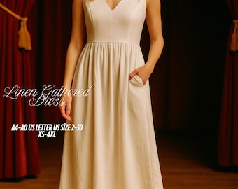 Linen Gathered Dress Sewing Pattern: V-Neck, XS-4XL (PDF Pattern