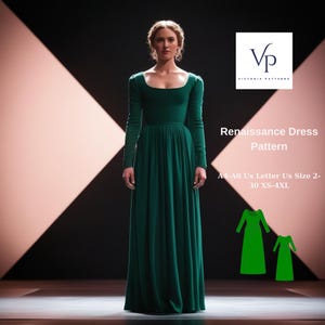 May include: A green Renaissance dress sewing pattern with a woman wearing a green dress in the background. The pattern is available in sizes XS-4XL and comes in A4 or A0 paper sizes.