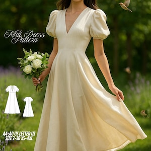 May include: A white midi dress with a v-neckline and puffed sleeves. The dress has a full skirt and is made of a lightweight fabric. The dress is shown on a model in a garden setting. The text "Midi Dress Pattern" and "A4-A0 US LETTER US SIZE 2-30 XS-4XL" is visible in the image.