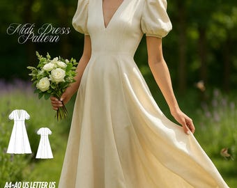 V-Neck Midi Dress Sewing Pattern: Evening Gown, Bridesmaid Dress (XS-4XL) (Digital Download)