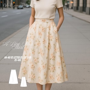 May include: A-line midi skirt with a floral pattern in cream and peach tones. The skirt has a high waist and pockets. The image also shows a cream-colored top. The text on the image reads "A-Line Midi Shirt" and "A4-A0 US LETTER US SIZE 2-30 XS-4XL."