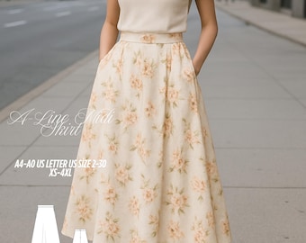 A-Line Midi Skirt PDF Sewing Pattern: Floral Pocket Design (XS-4XL) (Digital Download
