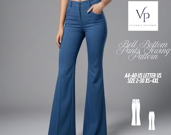Flare Leg Pants Sewing Pattern, 1960s Bell Bottom Pants, Disco Pants, 1970s pants, Retro Trousers, Easy pants pattern, Jeans pattern, XS-4XL