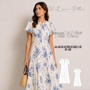 Op de afbeelding: Een midi-jurk met een witte basis en blauw bladpatroon, voorzien van een uitgesneden V-hals en vlindermouwen. Tekst: Victoria Pattern, Carved V-Neck Midi Dress, A4-A0 US LETTER US SIZE 2-30 XS-4XL. Inclusief een lijntekening van de voor- en achterkant.