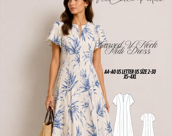 Curved V Neck Midi Dress Sewing Pattern, Tent Shoulder PDF (Digital Download)