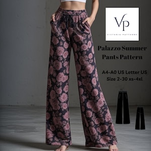 Può includere: Un cartamodello per pantaloni palazzo con stampa floreale. Il cartamodello è disponibile nelle taglie 2-30 e XS-4XL. Il cartamodello è per i formati di carta A4-A0 e US Letter.