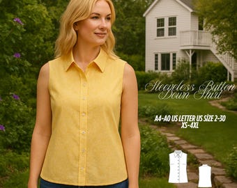 Sleeveless Button Down Shirt Sewing Pattern: Women's Summer Top, XS-4XL (PDF Pattern)