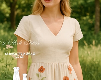 May include: A beige V-neck dress with short sleeves and a floral pattern. The dress features a fitted bodice and a flowing skirt. The text on the image reads "V-Neck Dress" and "A4-A0 US LETTER US SIZE 2-30 XS-4XL".