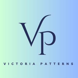 May include: Dark navy blue logo with the letters "Vp" in a stylized font, with the words "Victoria Patterns" below. The background is a gradient of light green to blue.