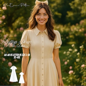 May include: A woman wearing a button-down midi dress in a light beige color. The dress has short, puffed sleeves and a collared neckline. The text on the image reads "Button Down Midi Dress" and "A4-A0 US LETTER US SIZE 2-30 XS-4XL".