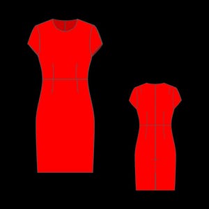 May include: Two red dresses are displayed against a black background. The dresses have short sleeves and a fitted silhouette. The design includes a round neckline and a defined waistline. One dress is shown from the front, and the other from the back.