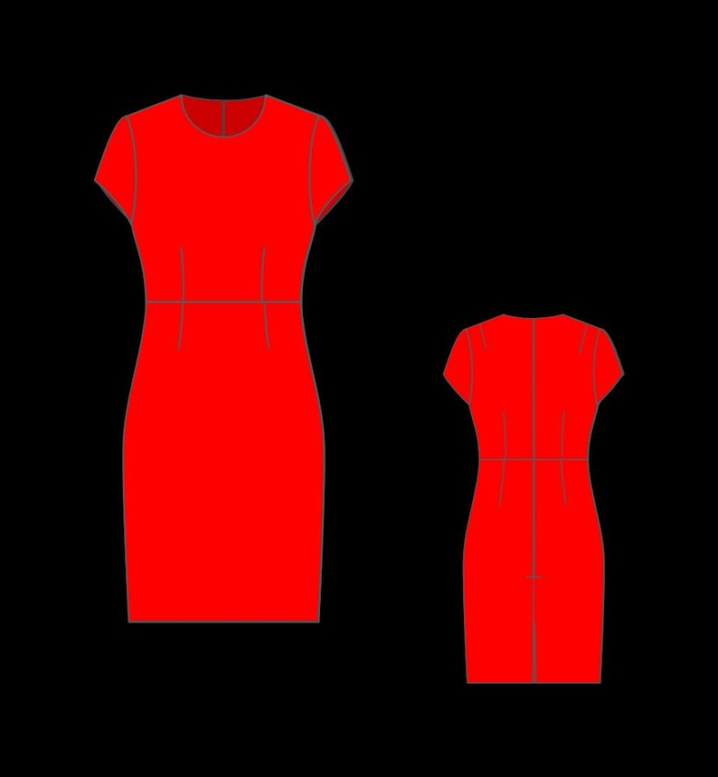 May include: Two red dresses are displayed against a black background. The dresses have short sleeves and a fitted silhouette. The design includes a round neckline and a defined waistline. One dress is shown from the front, and the other from the back.