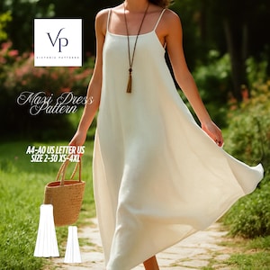 Może przedstawiać: Kobieta w białej sukience maxi z cienkimi ramiączkami i długim naszyjnikiem, trzymająca wiklinową torebkę. Sukienka jest zwiewna i wydaje się być wykonana z lnu. Obraz zawiera tekst "Maxi Dress Pattern" i informacje o rozmiarze.