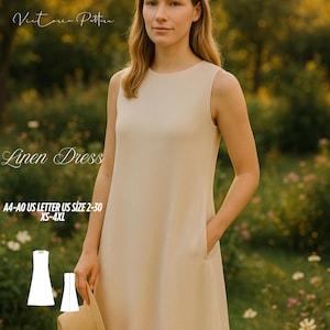 Peut inclure: Robe en lin beige sans manches, avec encolure ronde et poches. Le texte "Linen Dress" est affiché, ainsi que des informations de taille : A4-A0 US LETTER US SIZE 2-30 XS-4XL. La robe est portée par une personne dans un cadre naturel.