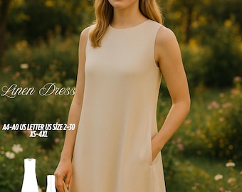 Puede incluir: Vestido de lino beige sin mangas, con cuello redondo y bolsillos. Se muestra el texto "Linen Dress", junto con información de tallas: A4-A0 US LETTER US SIZE 2-30 XS-4XL. El vestido se muestra en una persona en un entorno natural.