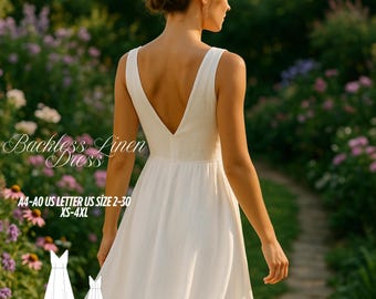 Backless Linen Dress Sewing Pattern: Sleeveless V-Neck Midi (PDF Pattern XS-4XL)