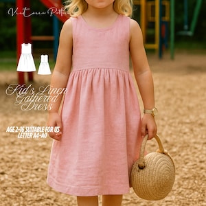 May include: A sleeveless, light pink linen gathered dress for children. The dress has a round neckline and a gathered waist. The text "Kid's Linen Gathered Dress" is visible. The dress is suitable for ages 2-16.