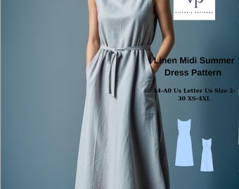 Boat Neck Linen Midi Dress Sewing Pattern: A-Line, XS-4XL (Digital Download)