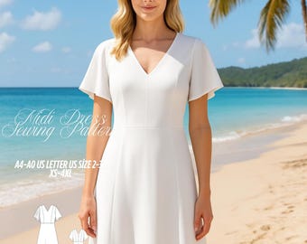 Midi Dress Sewing Pattern: V-Neck Flutter Sleeve, XS-4XL (PDF Pattern)