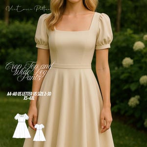 Puede incluir: Un vestido beige con escote cuadrado y mangas cortas abullonadas. El vestido tiene un corpiño ajustado y una falda acampanada. El texto "Crop Top and Wide Leg Pants" está escrito en la imagen, junto con información sobre tallas.