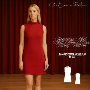 May include: A woman wearing a sleeveless, mock neck mini dress in a vibrant red color. The dress is a simple, fitted design. The image includes text that reads "Sleeveless Mock Neck Mini Dress Sewing Pattern" and "Victoria Pattern."