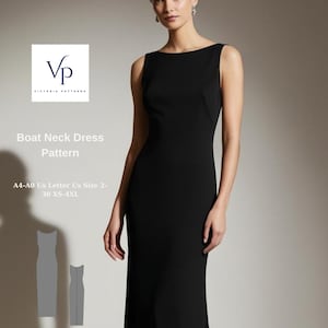 以下が含まれることがあります： XS-4XLサイズの黒いボートネックドレスのパターン。パターンはA4-A0の紙に印刷されており、ドレスの縫製方法が記載されています。