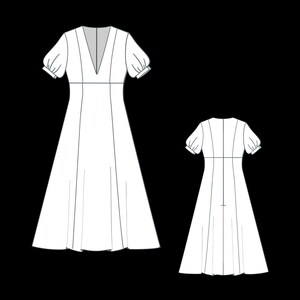 May include: A white dress with a V-neckline and short puff sleeves. The dress has a fitted bodice and a flowing skirt.