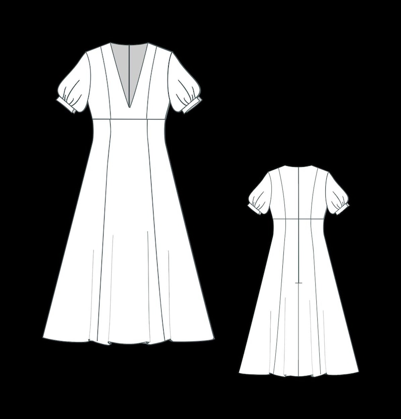 May include: A white dress with a V-neckline and short puff sleeves. The dress has a fitted bodice and a flowing skirt.
