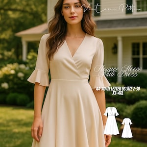 May include: A beige midi dress with a V-neckline and flared sleeves. The dress features a wrap-style bodice and a flowing skirt. Text on the image reads "Flounce Sleeve Midi Dress" and "A4-A0 US Letter US Size 2-30 XS-4XL".