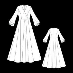 K&ouml;nnte beinhalten: Ein wei&szlig;es Maxikleid mit langen &Auml;rmeln und einem V-Ausschnitt. Das Kleid hat einen Wickel-Oberteil und einen flie&szlig;enden Rock. Die R&uuml;ckseite des Kleides hat eine Naht in der Mitte des R&uuml;ckens.