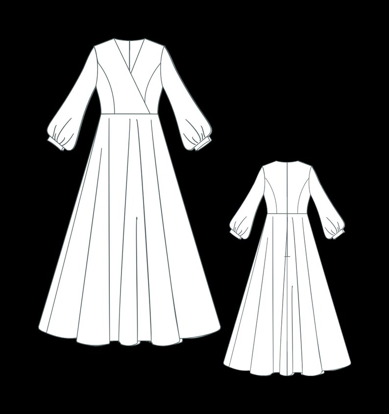 K&ouml;nnte beinhalten: Ein wei&szlig;es Maxikleid mit langen &Auml;rmeln und einem V-Ausschnitt. Das Kleid hat einen Wickel-Oberteil und einen flie&szlig;enden Rock. Die R&uuml;ckseite des Kleides hat eine Naht in der Mitte des R&uuml;ckens.