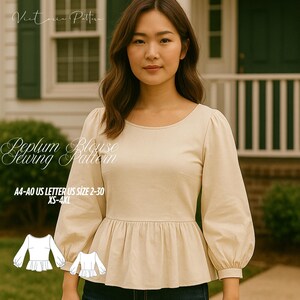 May include: A beige peplum blouse sewing pattern with long, puffy sleeves. The pattern includes sizes XS-4XL and is labeled "Victoria Pattern" and "Peplum Blouse Sewing Pattern". The text "A4-A0 US LETTER US SIZE 2-30" is also visible.