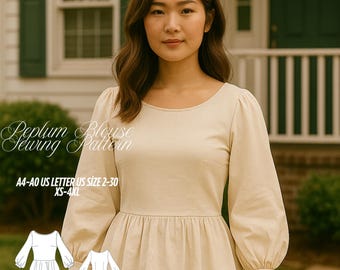 Cottagecore Peplum Blouse Sewing Pattern: Long Sleeve DIY Top (PDF Pattern, XS-4XL)