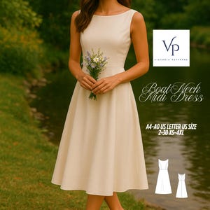 May include: A sleeveless, cream-colored midi dress with a boat neck. The dress has a fitted bodice and a flared skirt. The image includes the text "Boat Neck Midi Dress" and size information. A woman is holding a small bouquet of flowers.