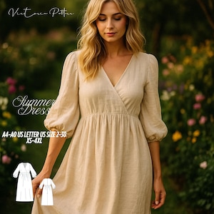 Op de afbeelding: Een beige zomerjurk met een V-hals en lange, pofmouwen. De jurk heeft een geplooid taille en is gemaakt van een lichte stof. Tekst op de afbeelding luidt "Summer Dress" en "A4-A0 US LETTER US SIZE 2-30 XS-4XL".