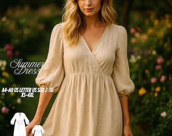 Summer Linen Dress PDF Sewing Pattern, Puff Sleeve V Neck (XS-4XL)