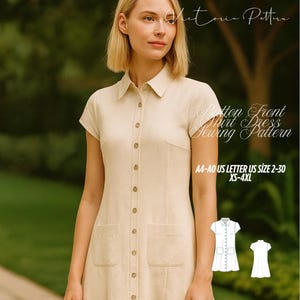 Op de afbeelding: Een vrouw draagt een beige overhemdjurk met knopen. De jurk heeft korte mouwen, een kraag en twee voorzakken. De tekst op de afbeelding luidt "Victoria Pattern" en "Button Front Shirt Dress Sewing Pattern". Het patroon is verkrijgbaar in maten US 2-30 en XS-4XL.
