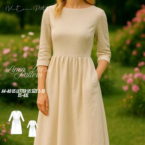 May include: A beige linen dress with a boat neckline and three-quarter sleeves. The dress features a fitted bodice, a gathered waist, and pockets. The text "Linen Dress Pattern" and size information are visible. The dress is XS-4XL and US sizes 2-30.