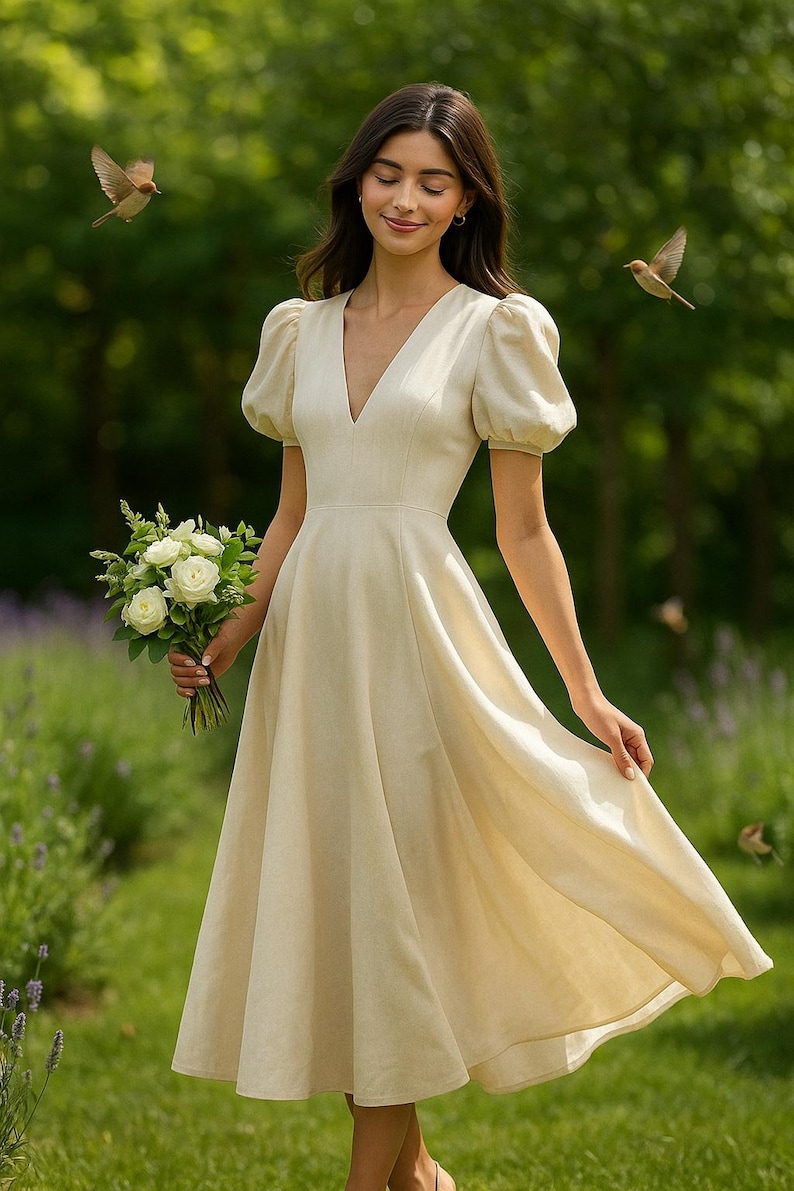May include: A woman in a cream-colored linen dress with a v-neck and puffed sleeves. She is holding a bouquet of white flowers and is standing in a garden.
